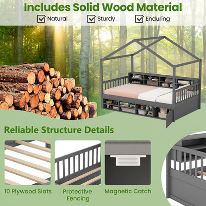 Wooden Single Size House Bed with Roof and 14 Storage Cubes