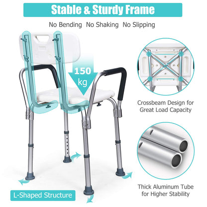 6 Levels Adjustable Tub Shower Stools with Detachable Backrest and Handrails