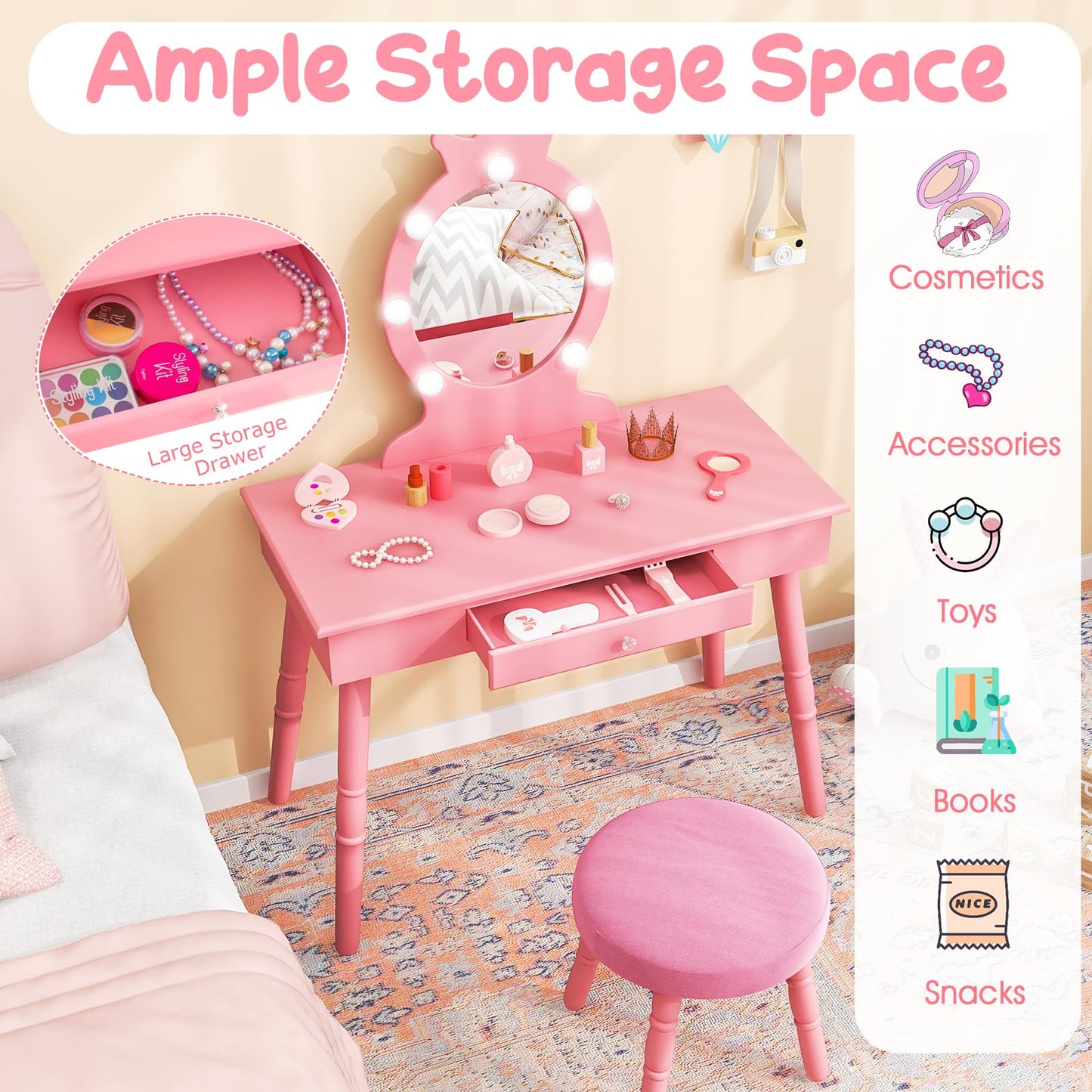 Kids Vanity Set with Lighted Mirror and Adjustable Brightness for Kids Aged 3 to 7 Years Old