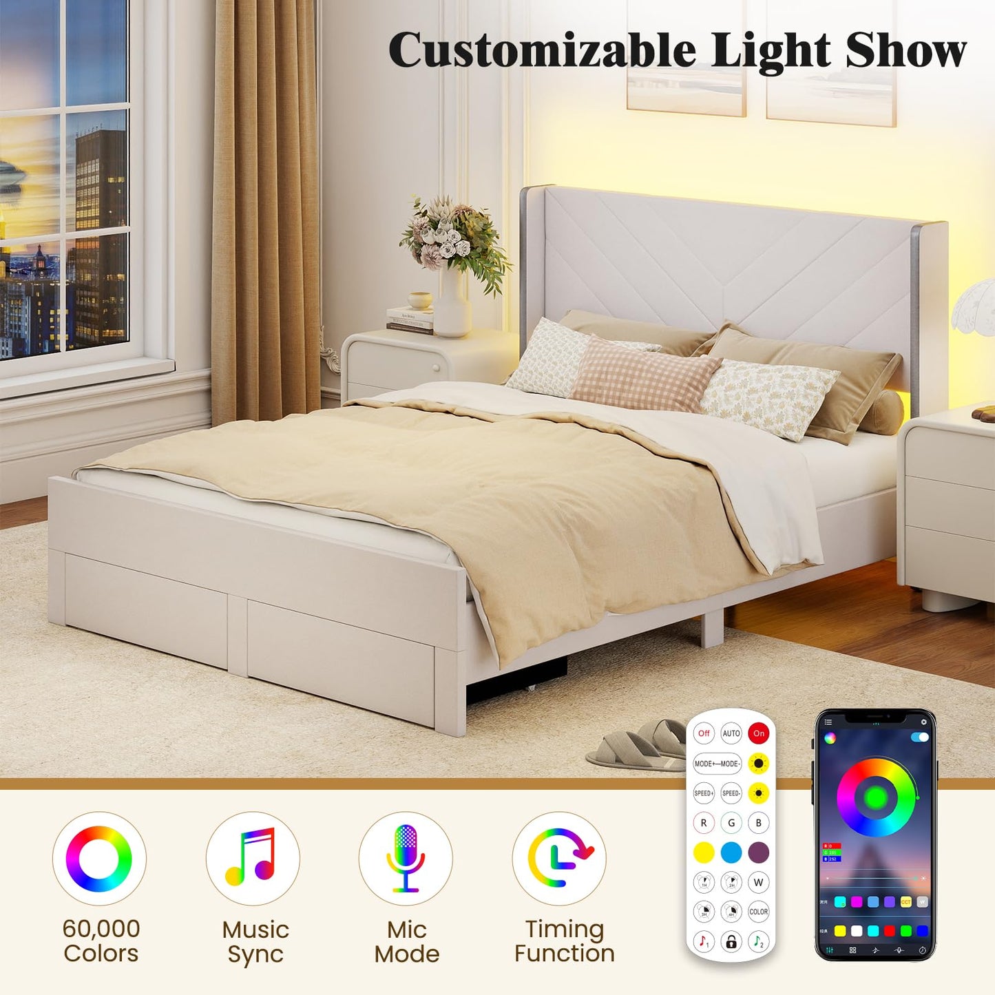 5FT King Size Bed Frame with RGB LED Lights, Velvet Upholstered Platform Beds