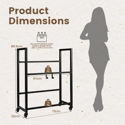 Rolling Drink Crate Rack for 4 Box, Metal Bottle Storage Shelf with 4 Wheels