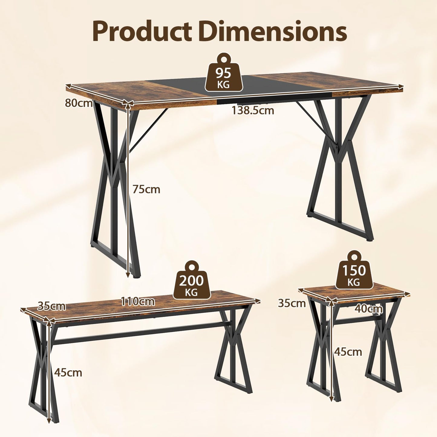 Dining Table and Stool Set with Bench for 4-6, 138cm Industrial Kitchen Table