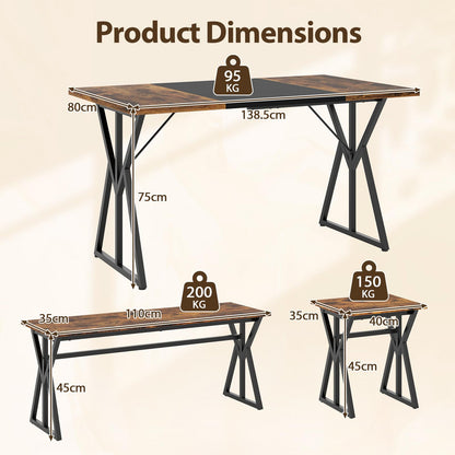 Dining Table and Stool Set with Bench for 4-6, 138cm Industrial Kitchen Table