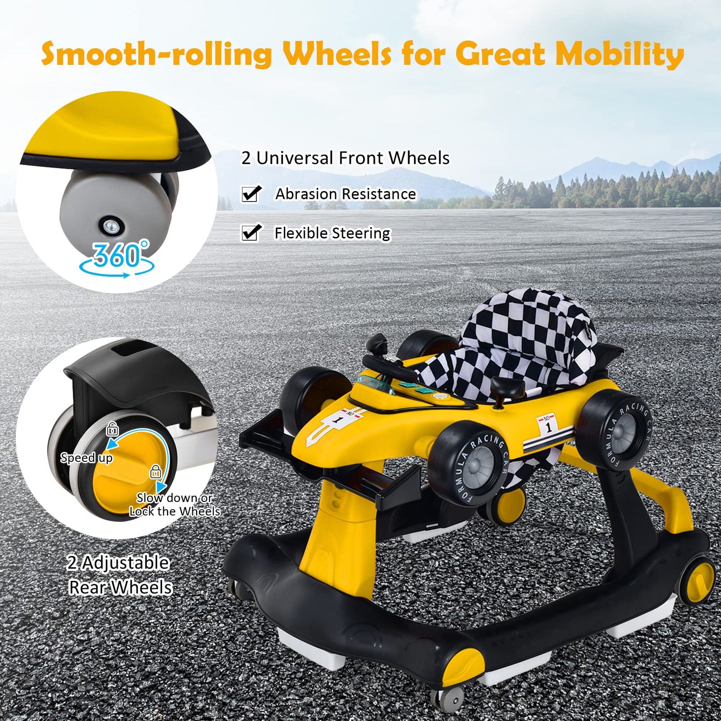 4-in-1 Baby Walker Foldable Push Along Walkers with Adjustable Height & Speed