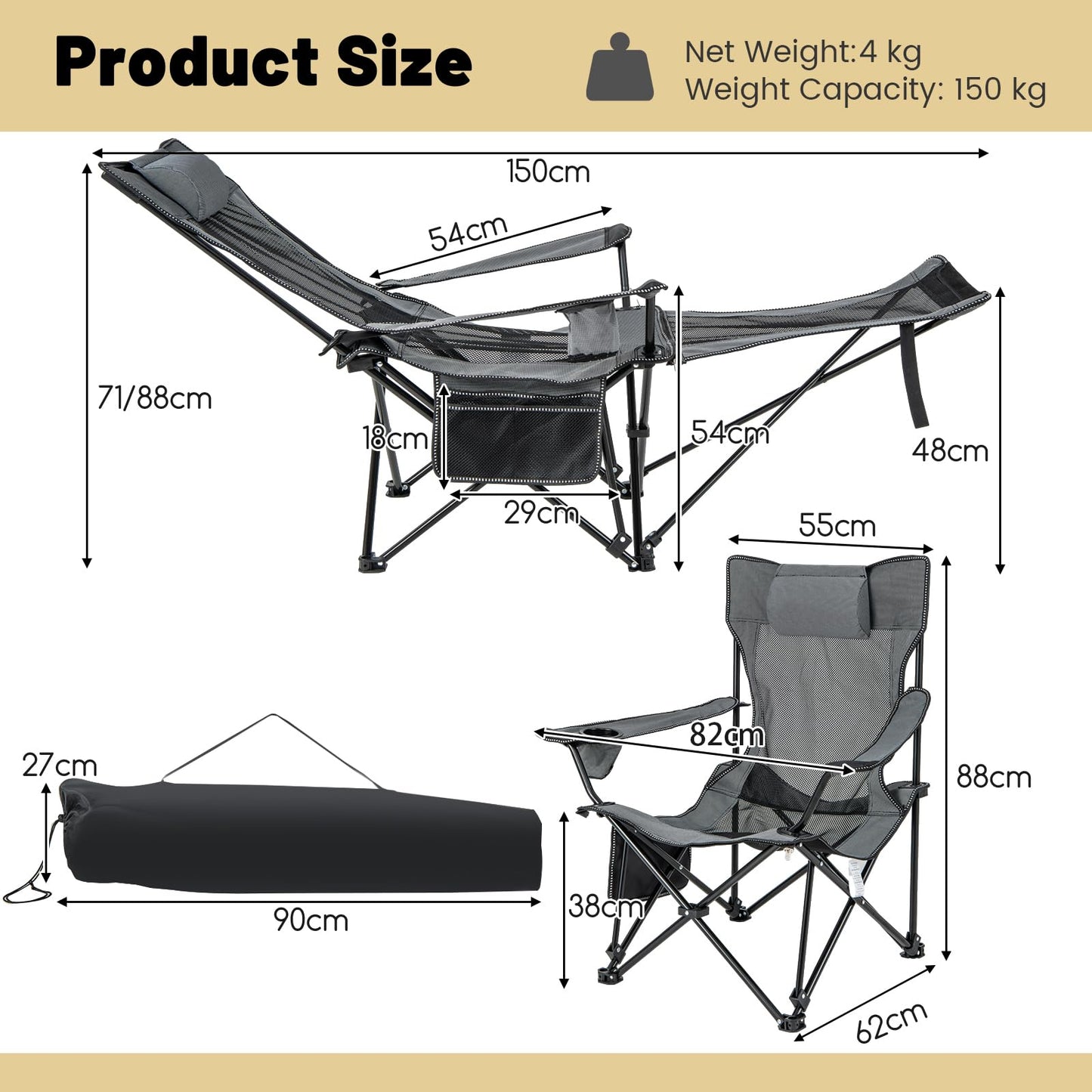 2 in 1 Portable Reclining Camp Chair with Detachable Footrest