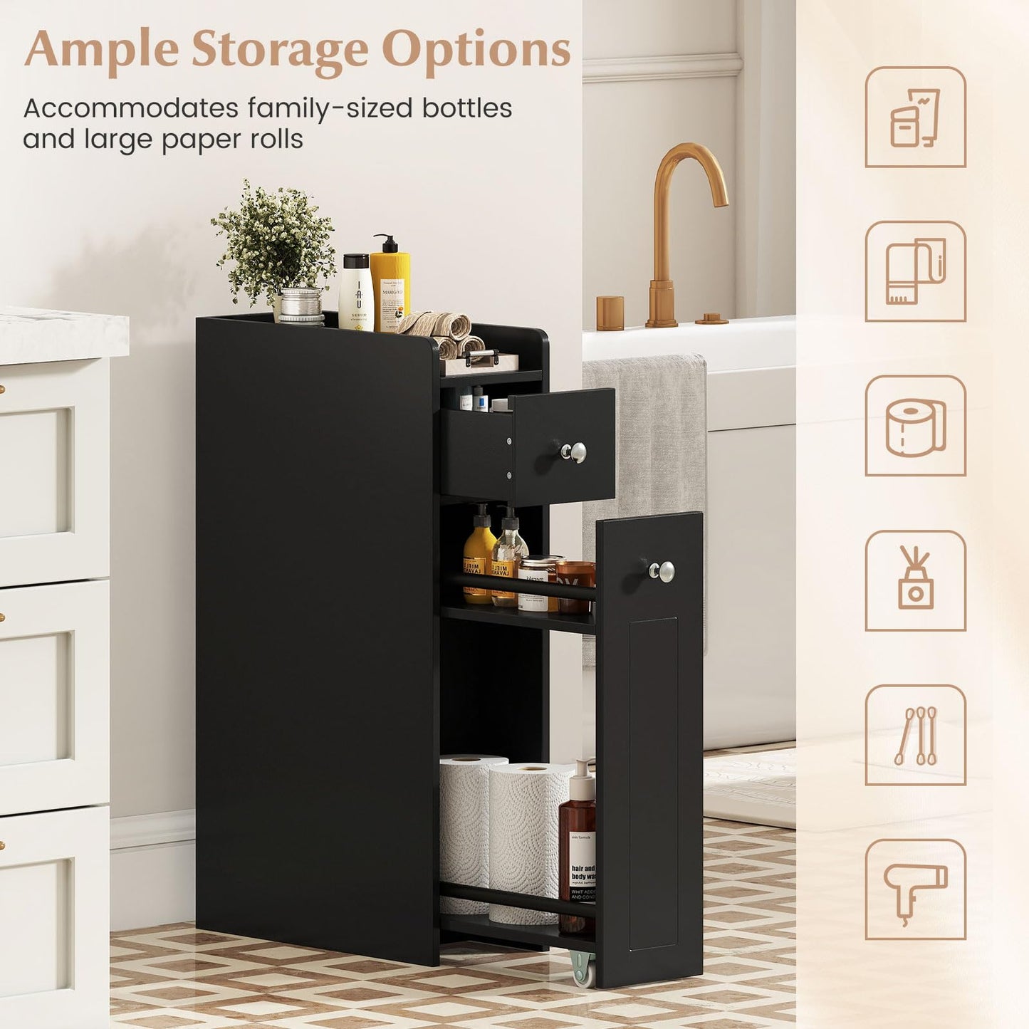Small Bathroom Storage Cabinet 4-Tier Narrow Toilet Side Storage Cabinet with Slide Out Drawers on Casters