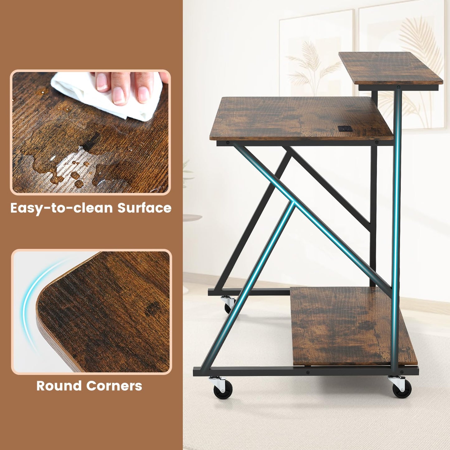 Mobile Computer Desk with Power Outlets Monitor Stand and Storage Shelf