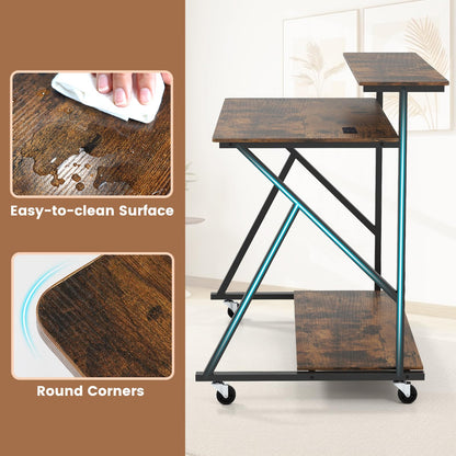 Mobile Computer Desk with Power Outlets Monitor Stand and Storage Shelf