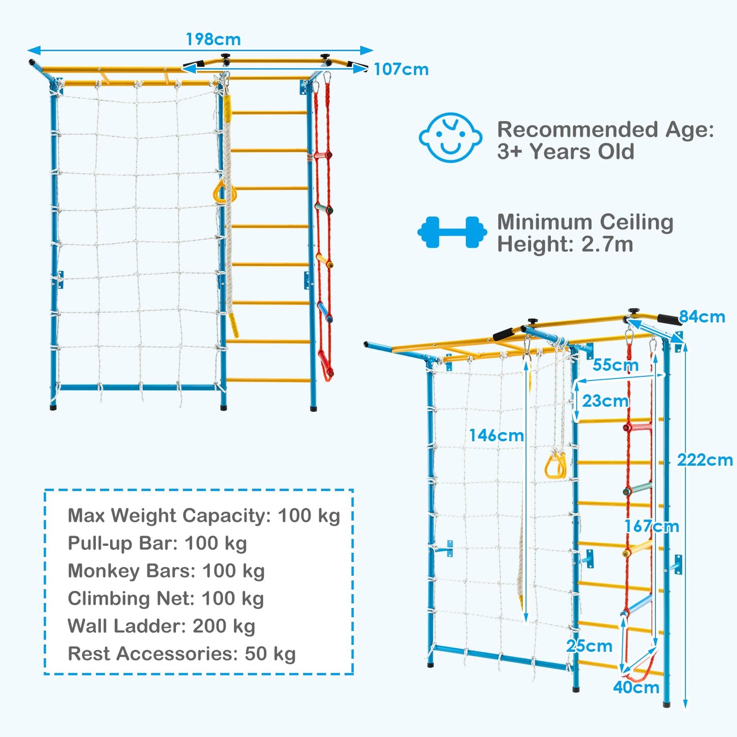 Metal Swedish Ladder Wall Bars for Kids with Gym Rings Climbing Net