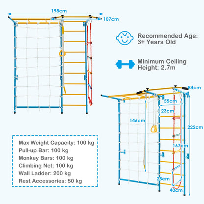 Metal Swedish Ladder Wall Bars for Kids with Gym Rings Climbing Net