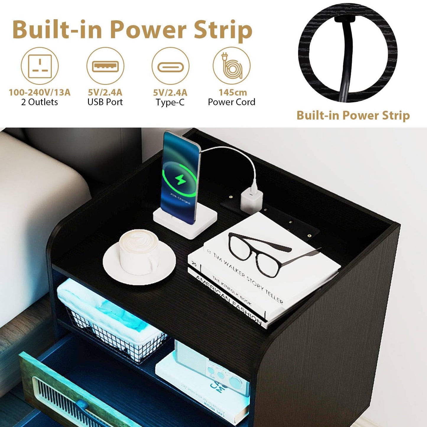 Mid Century Nightstand Modern Bedside Table with Charging Station