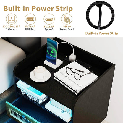 Mid Century Nightstand Modern Bedside Table with Charging Station