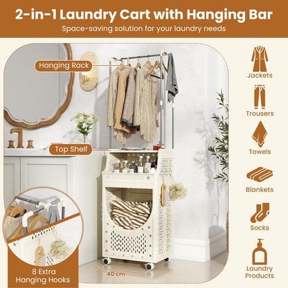 3/4-Tier Laundry Basket Trolley on Wheels, Foldable Laundry Hamper Cart