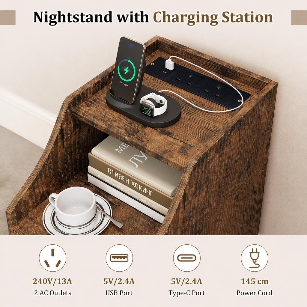 End Table with Charging Station & Storage Drawers for Small Space Living Room Bedroom