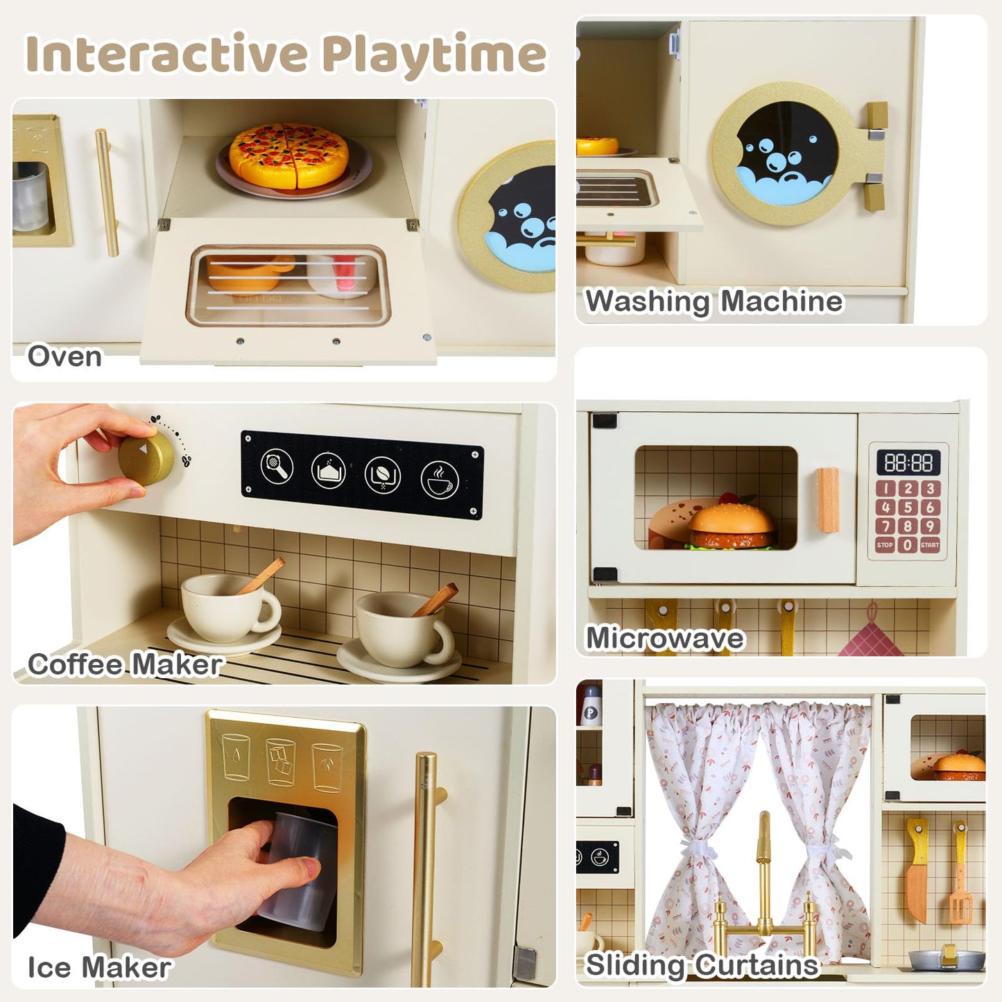 Kids Wooden Kitchen, Pretend Play Kitchen with Stoves