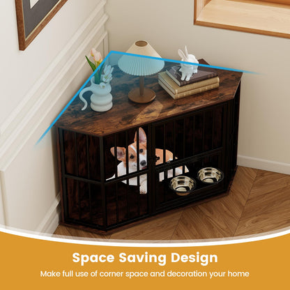 Corner Dog Crate Space Saving Dog Cage with Adjustable Feeder