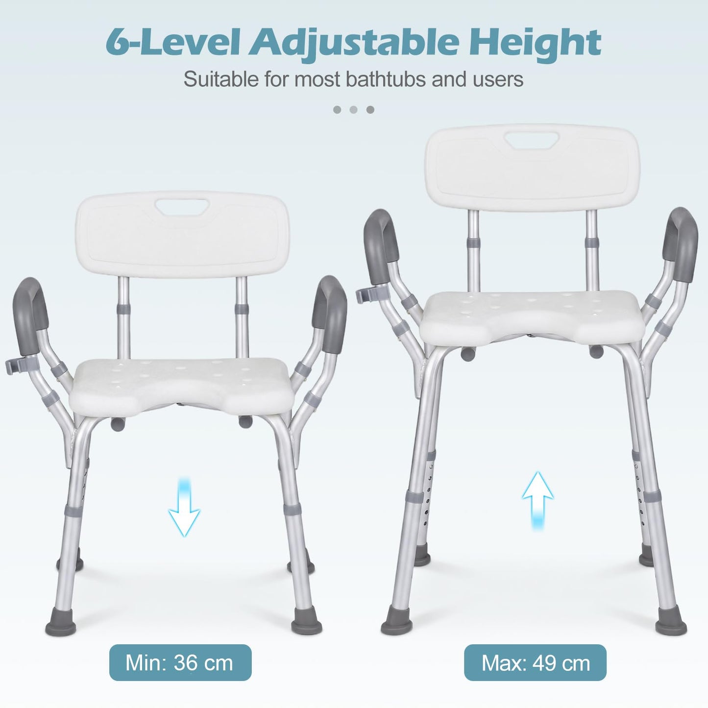 Shower Chair with Back and Arms, 6 Height Adjustable Bath Seat Shower Stool