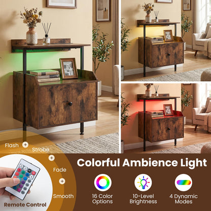 Nightstand Bedside Table with Charging Station and LED Light