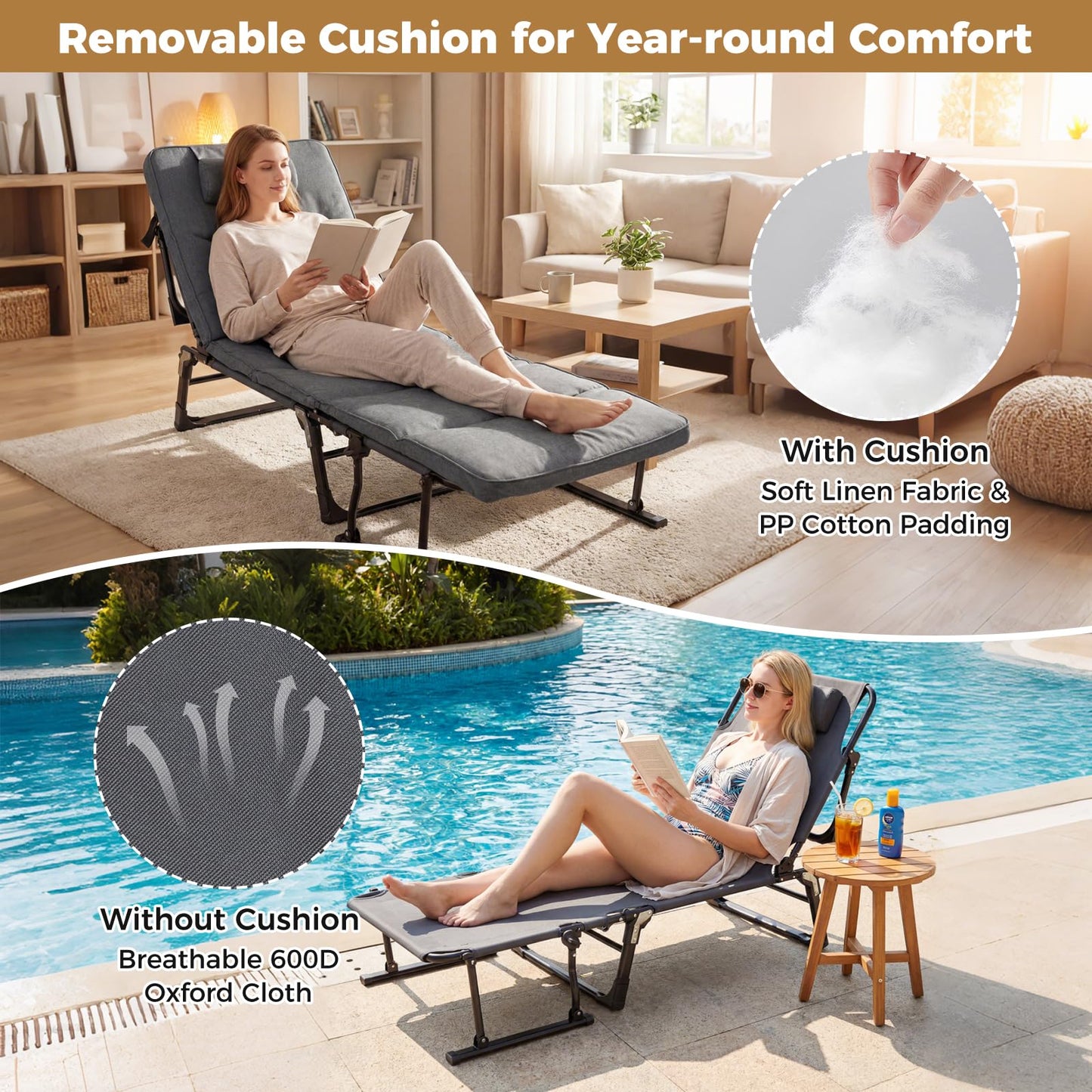 3-in-1 Folding Camping Cot with Removable Mattress and Flip-up Pillow