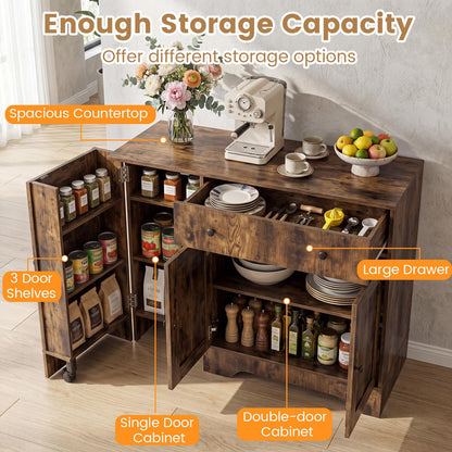 Storage Cabinet with 3 Doors, 3-Tier Side Rack & Lockable Wheel