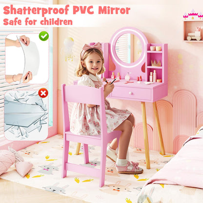 Kids Princess Vanity Desk Set with 2 Color LED Lighted Acrylic Mirror