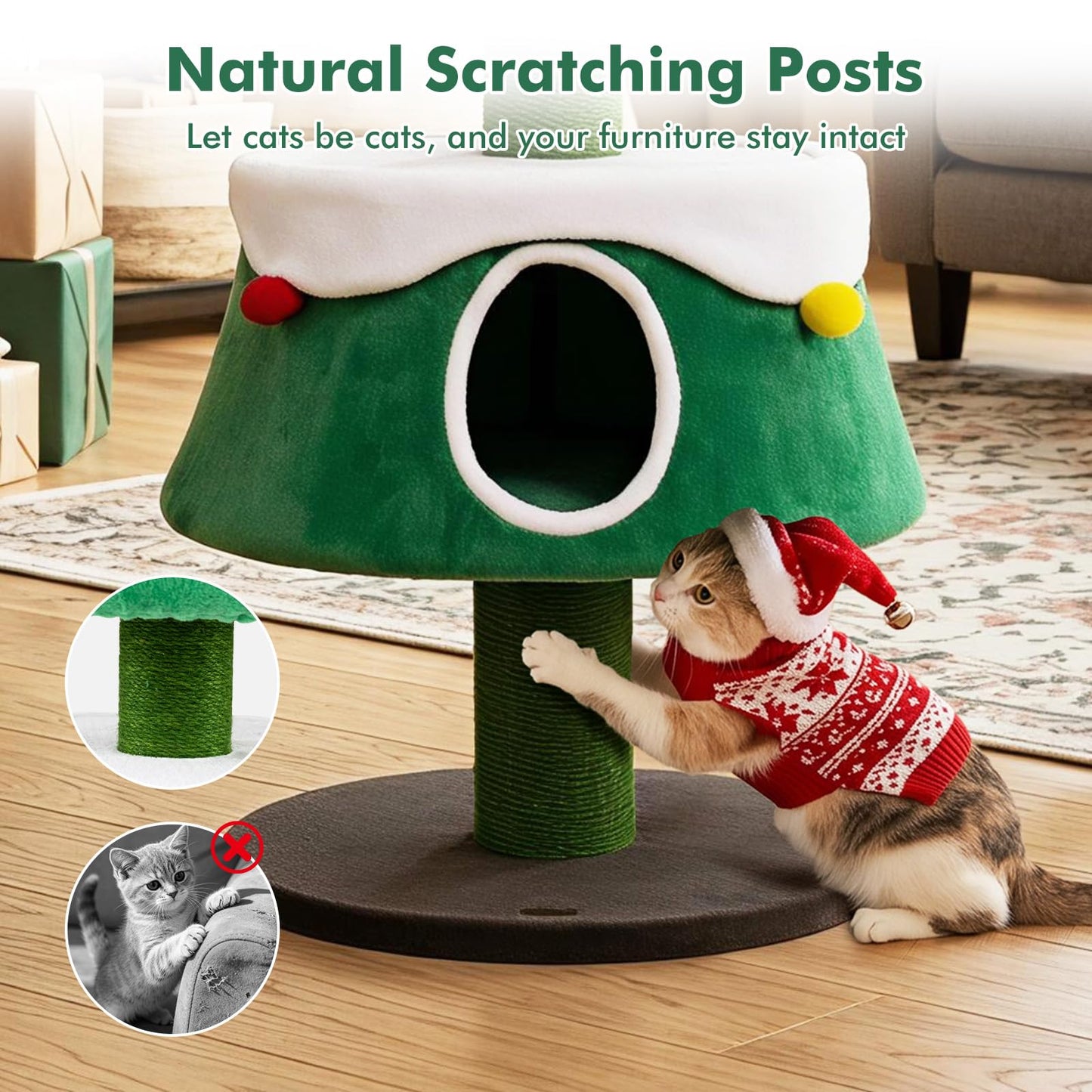 156cm Cat Tree, Christmas Tree Shape Cats Tower with 2 Condos