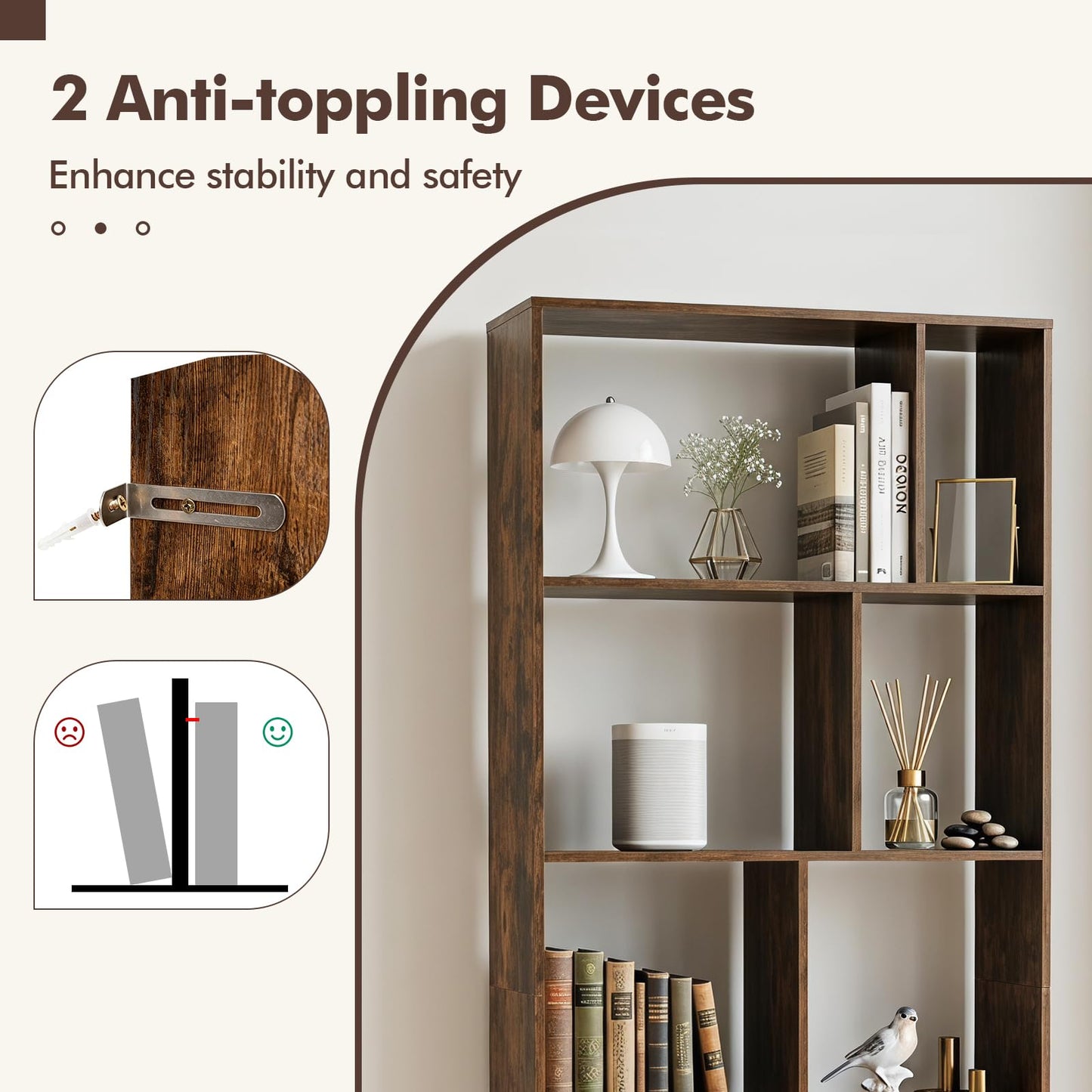 Wooden Bookcase Storage Rack with Anti-Toppling Device