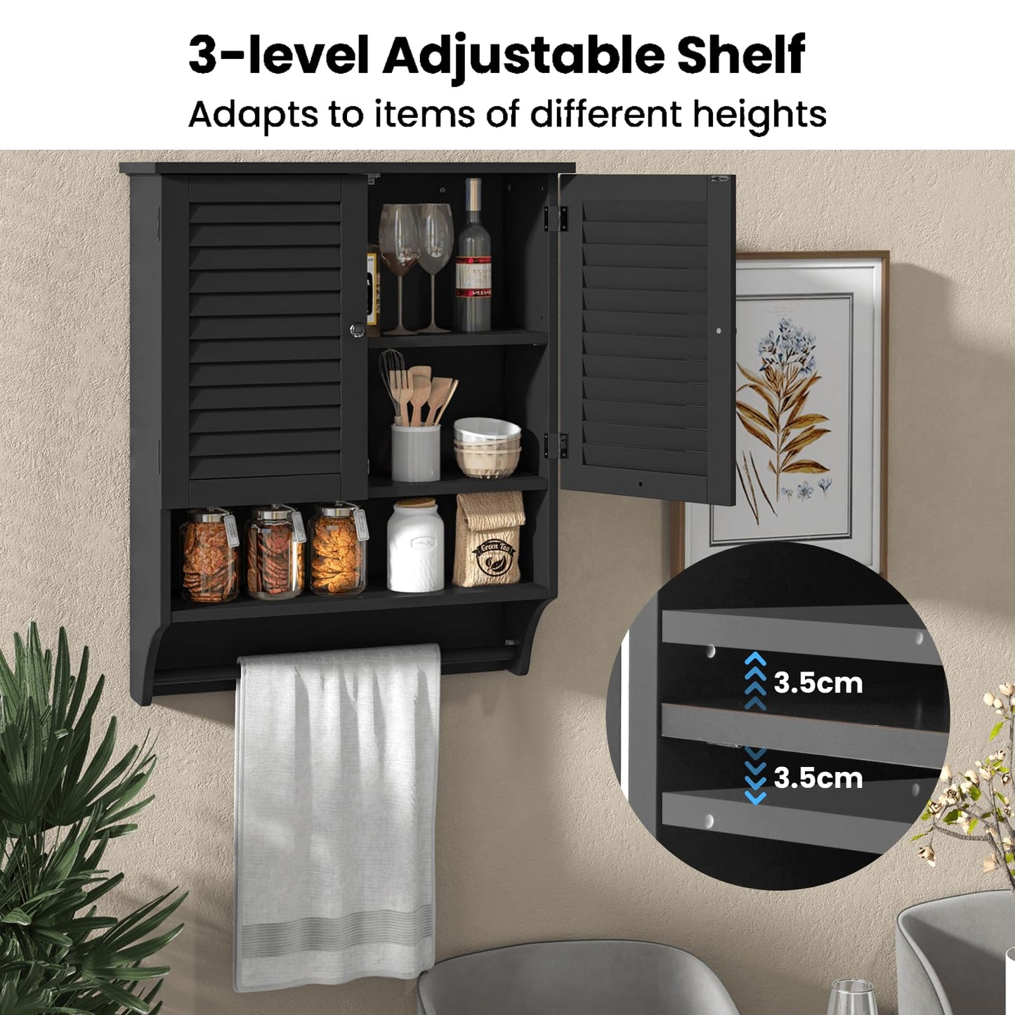 Bathroom Wall Cabinet with 2 Doors and 3-Position Adjustable Shelf