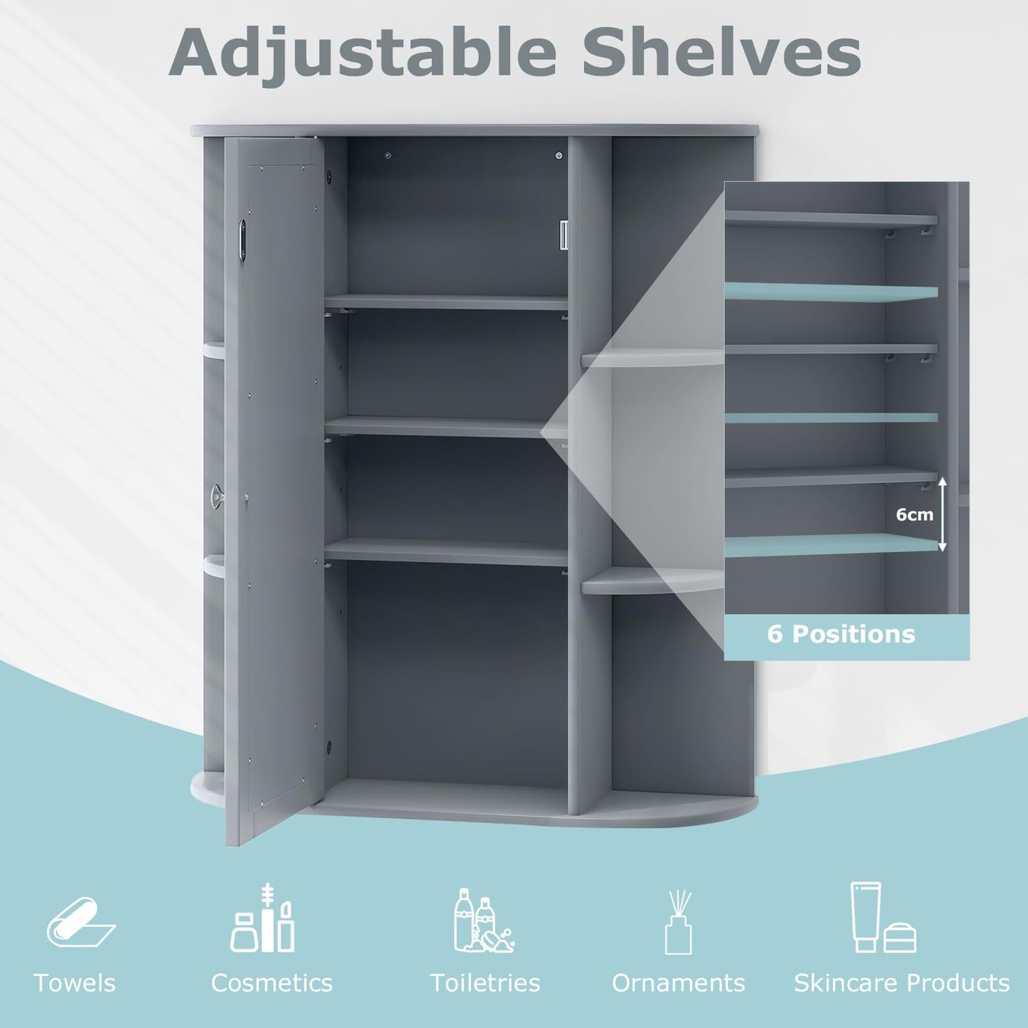 Bathroom Mirror Cabinet, Single Door Wall Mounted Storage Cupboard