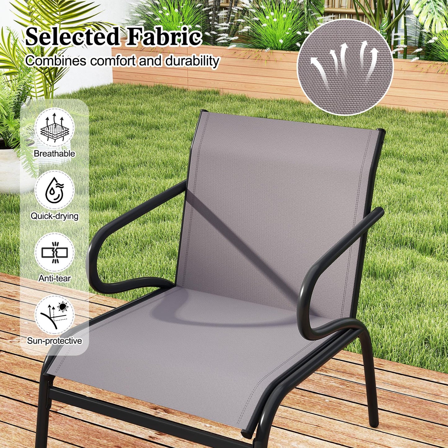 Outdoor Dining Chairs Set of 2 with Breathable Backrest & Seat and Armrests