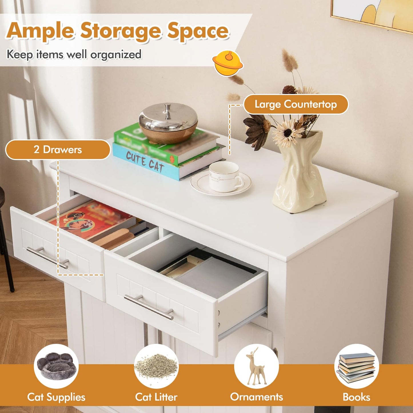 Wooden Cat Litter Box Enclosure with 2 Drawers