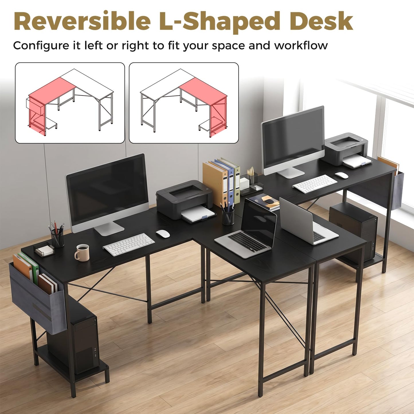 L-Shaped Computer Desk, Metal Frame Reversible Double Study Writing Workstation