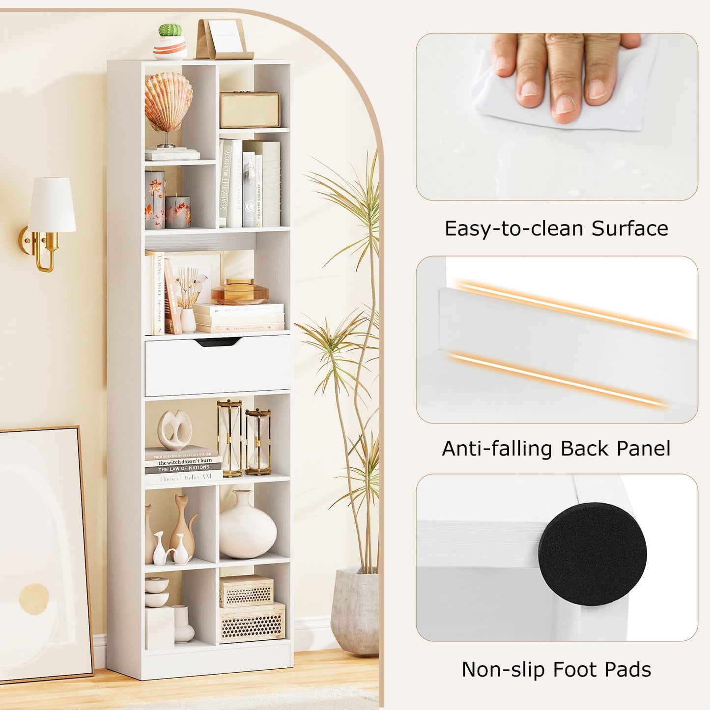 Tall Bookcase with Drawer, Open Cubes and Anti-toppling Kits, Floor Display Rack Storage Organizer