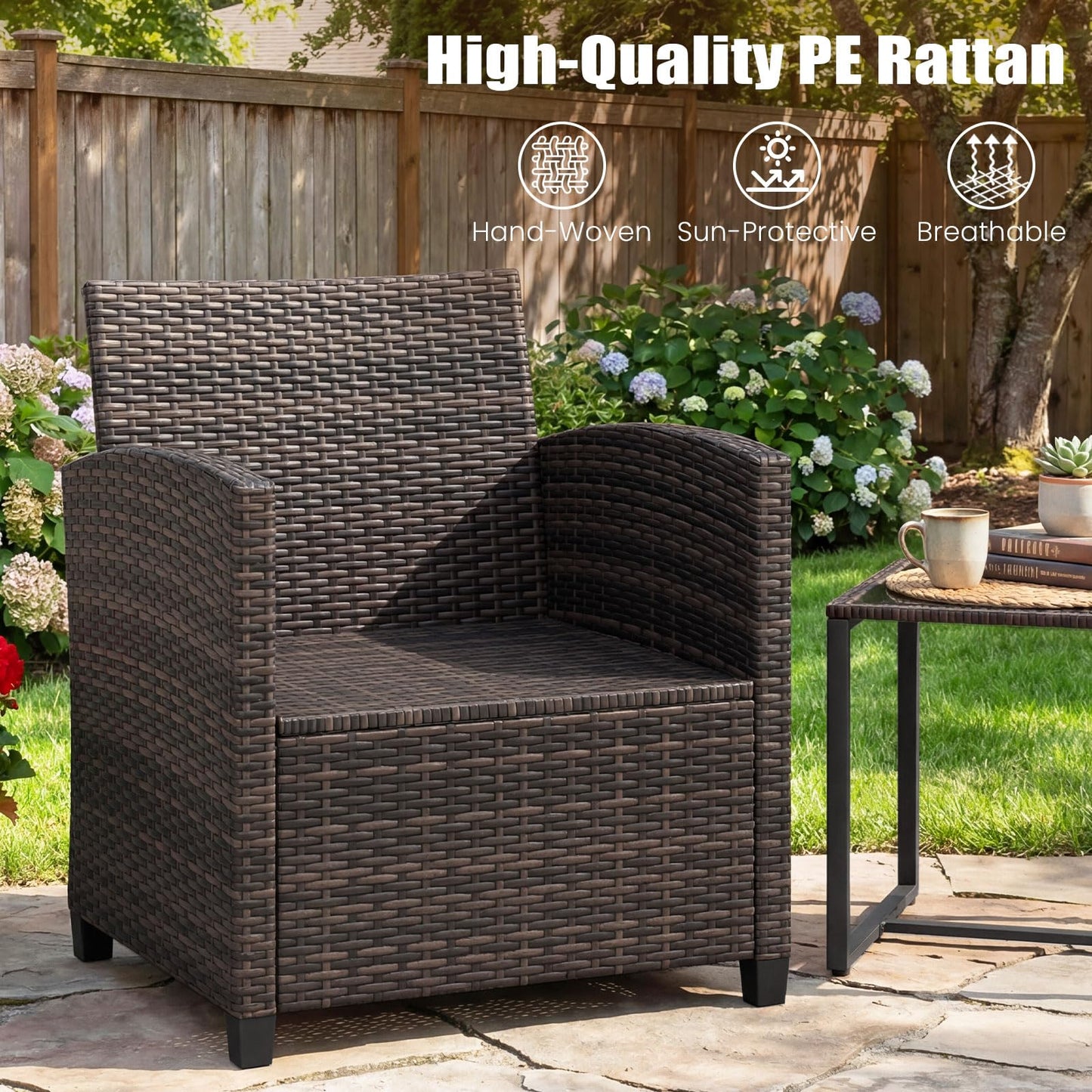 3 Pieces PE Rattan Wicker Outdoor Bistro Conversation Set with Soft Cushions and Tempered Glass Coffee Table