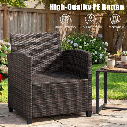 3 Pieces PE Rattan Wicker Outdoor Bistro Conversation Set with Soft Cushions and Tempered Glass Coffee Table