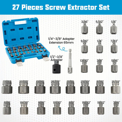 27Pcs Screw Extractor Set Dual Headed Easy Out Bolt Removal Kit