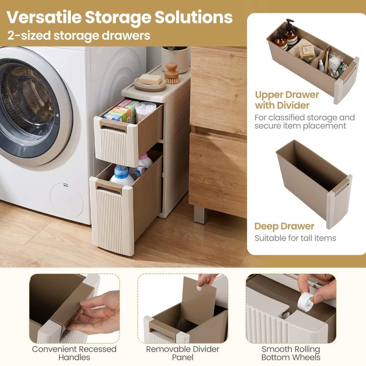 Slim Bathroom Floor Cabinet with 2/3/4 Drawers on Wheels