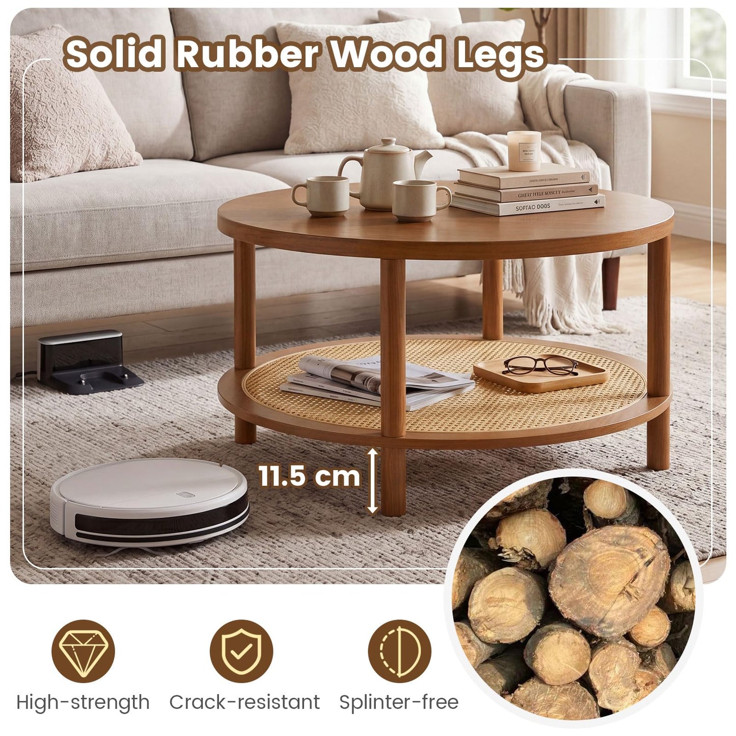 2-Tier Round Coffee Table with Rattan Storage Shelf, Rubber Wood