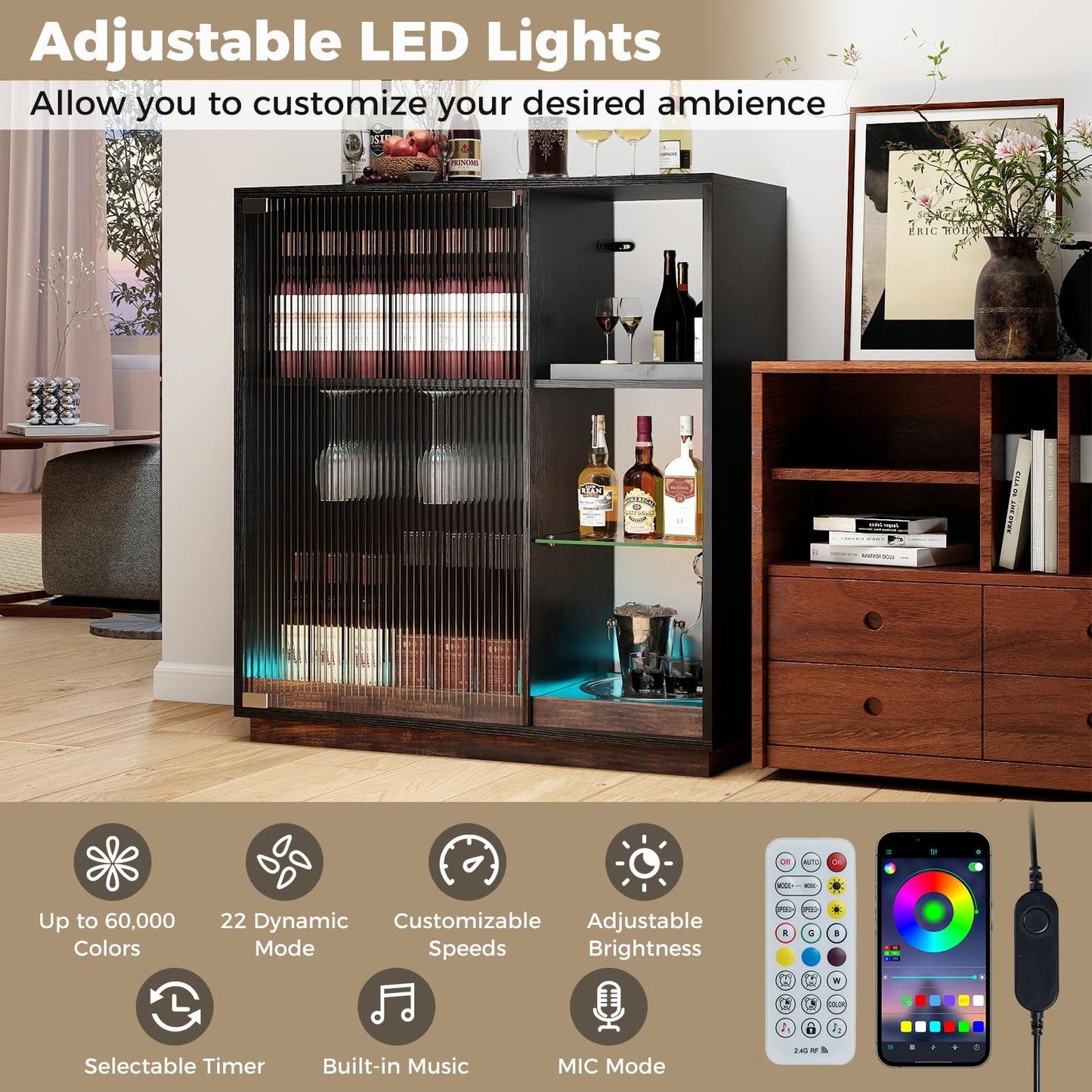 Wine Bar Cabinet with LED Lights, Remote & APP Control