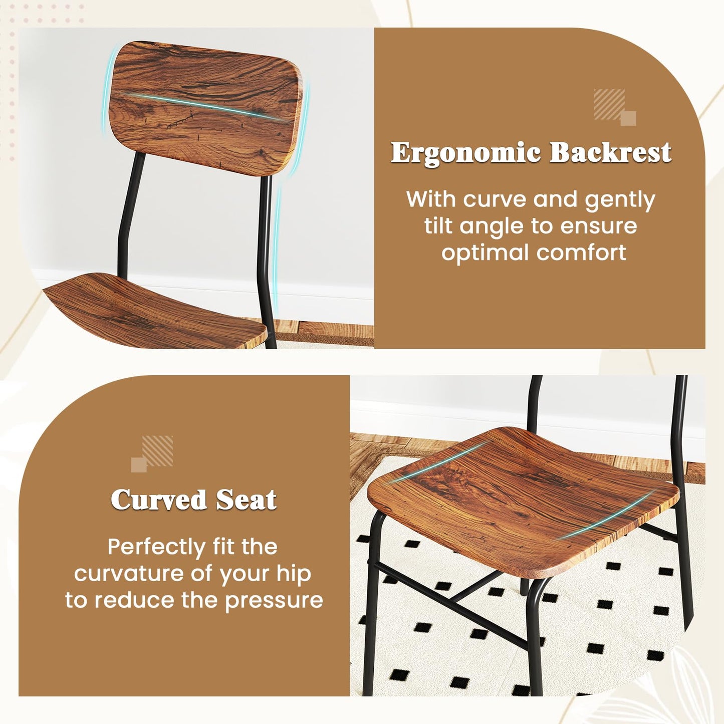 Rectangular Breakfast Kitchen Table Set with 2 Chairs and Storage Rack