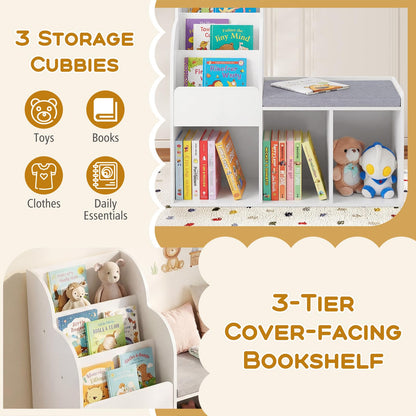 Kids Reading Nook with Bench Wooden Toddler Bookcase with 3 Storage Cubbies