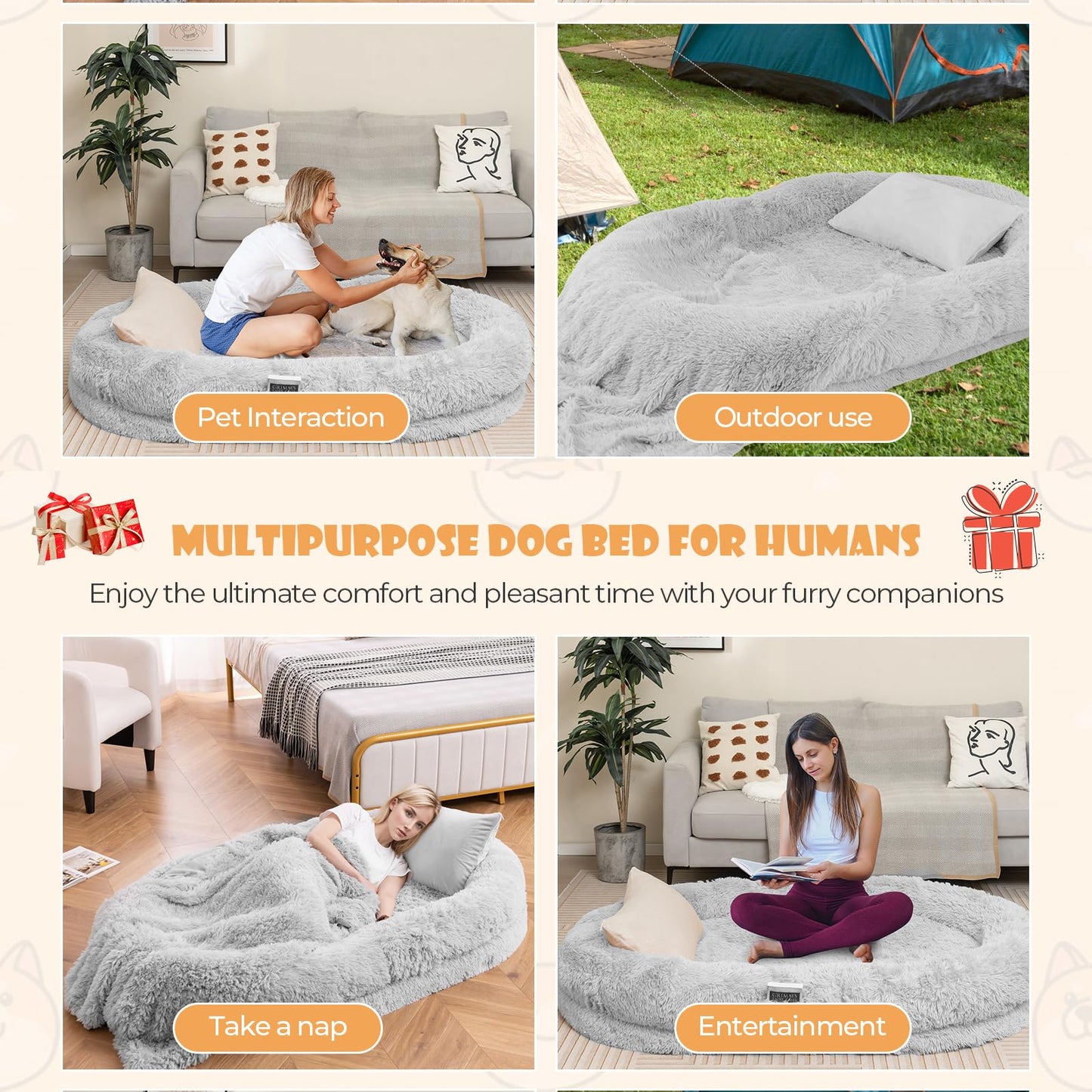 Human Dog Bed with Soft Blanket and Present Plump Pillow