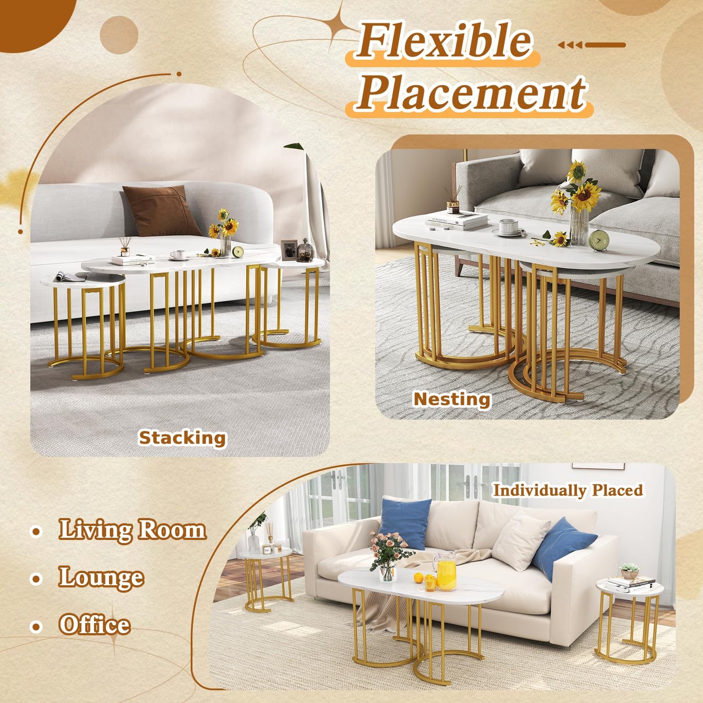 3-Piece Nesting Coffee Table Set 110cm Coffee Table with 2 Side Tables