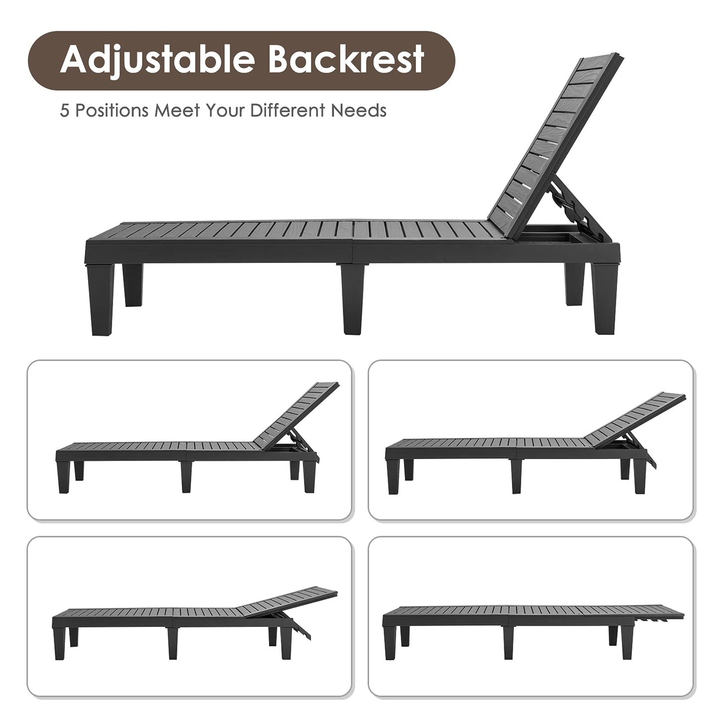 5 Positions Adjustable Outdoor Chaise Lounge Chair with Wood Texture Surface