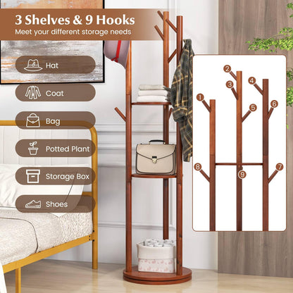 Freestanding Wooden Coat Rack Stand with 3 Display Storage Shelves and 9 Hooks