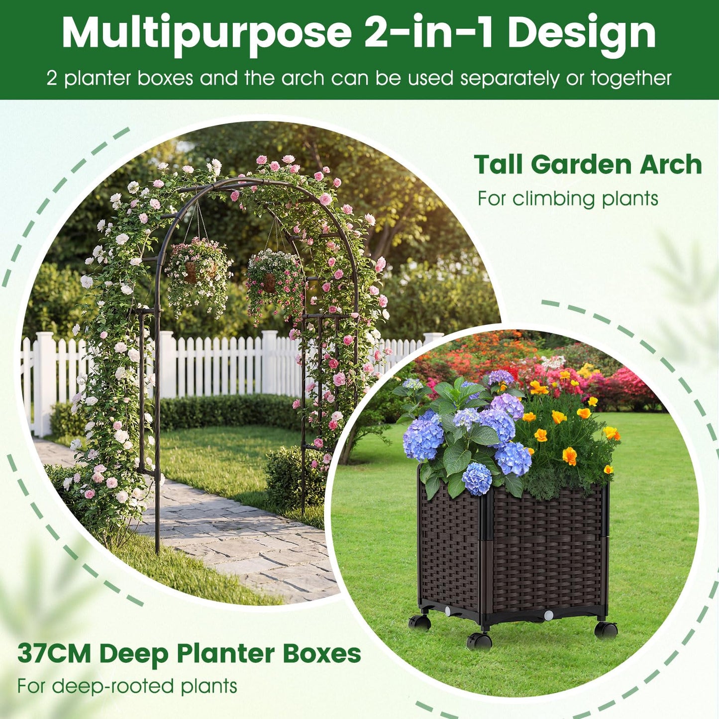 Garden Arch with Planter Box, 2M Metal Pergola Arbor Trellis with Self-Watering System