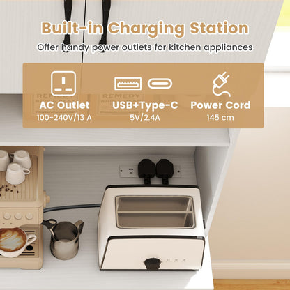 Pantry Cabinet with Power Outlets Freestanding Narrow Kitchen Hutch with 4 Doors