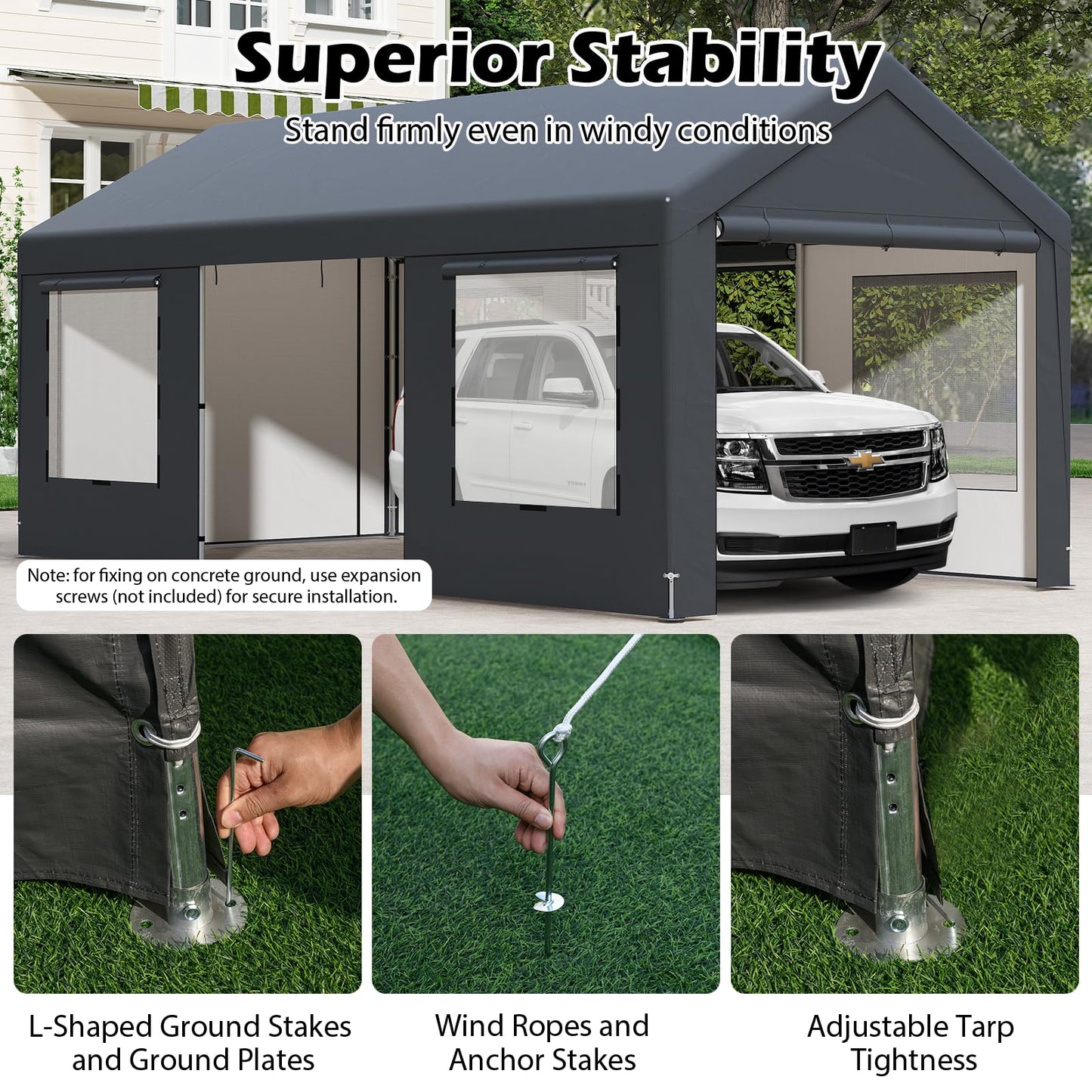 All-Weather Outdoor Car Shelter with 8 Removable Sidewalls and Roll-up Doors