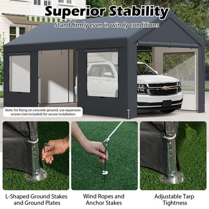 All-Weather Outdoor Car Shelter with 8 Removable Sidewalls and Roll-up Doors