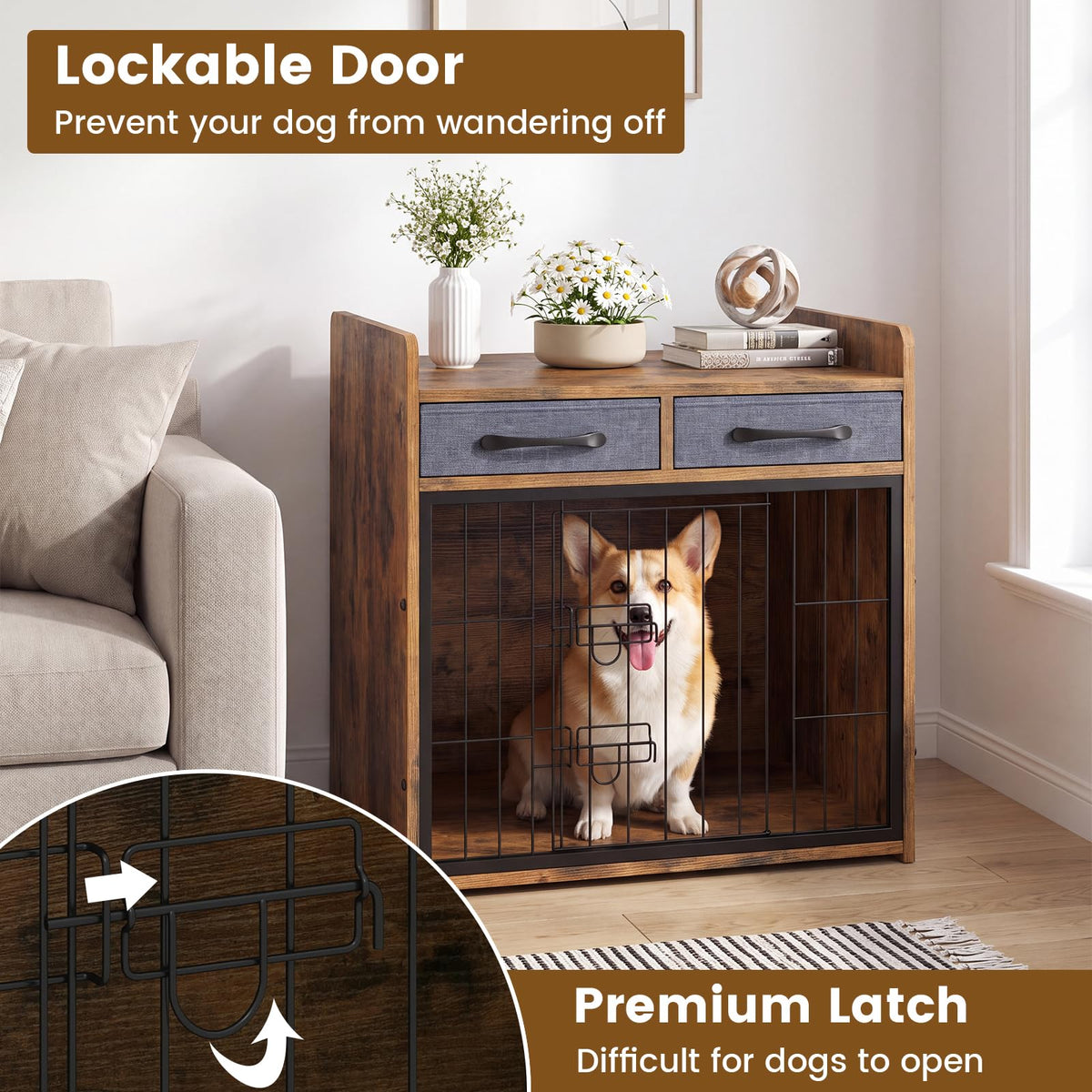 Indoor Dog Cage with 2 Fabric Drawers and Lockable Door